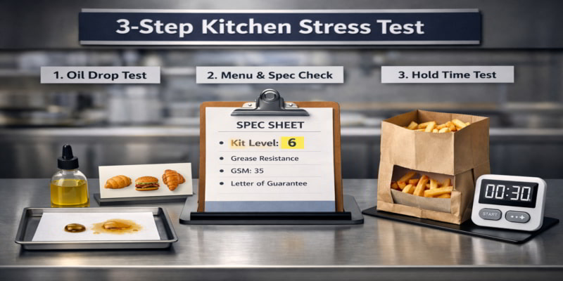 Stylized kitchen test bench showing oil-drop screen, menu match check, and timed hold test for grease-resistant bags.
