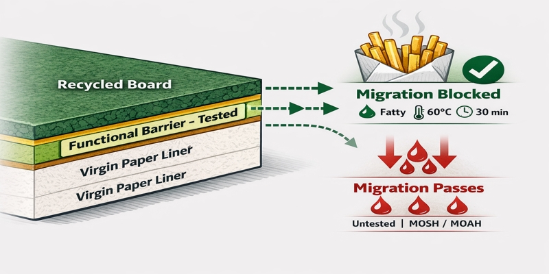 Cross-section of recycled board, tested functional barrier, and virgin liner showing migration blocked for hot fatty food.