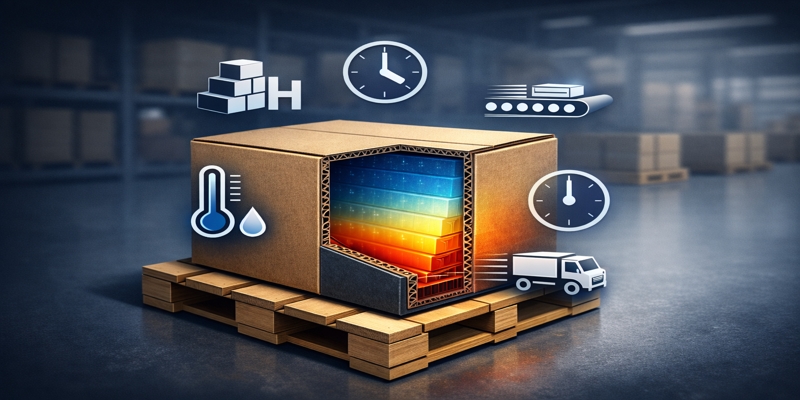 Isometric cutaway of corrugated box on pallet showing flute layers, blue-to-orange stress gradient and five glyphs.