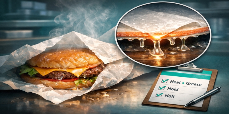 Stylized illustration of a hot sandwich partly unwrapped showing glossy wax transfer; inset magnifies the softened coating.