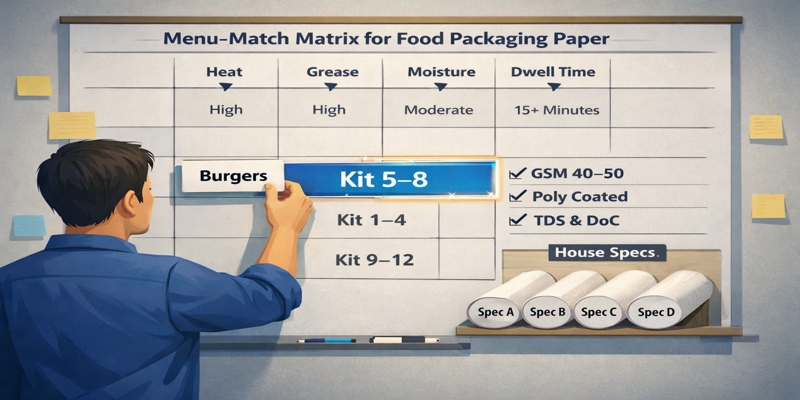 Illustration of a menu-match matrix board as a manager places a “Burgers” card into the highlighted Kit 5–8 cell.