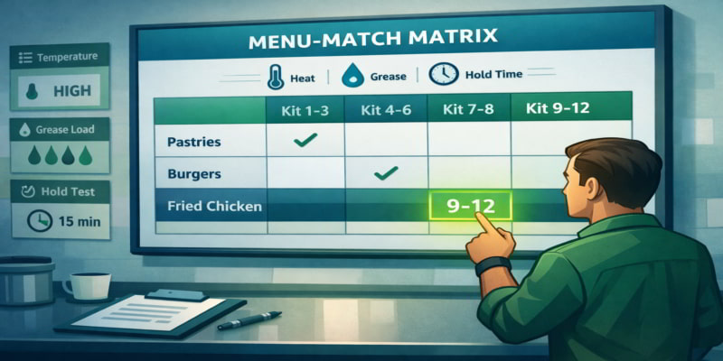 Illustration of a QSR manager pointing to a Menu-Match Matrix screen highlighting Kit 9–12 for fried chicken.