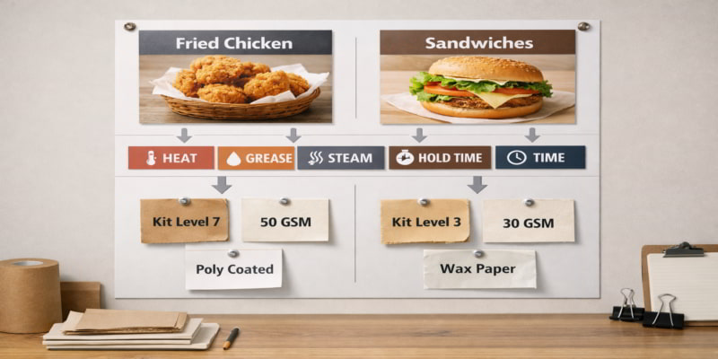 Illustrated spec wall mapping Fried Chicken and Sandwiches from Heat · Grease · Steam · Hold Time to Kit Level & GSM swatches.