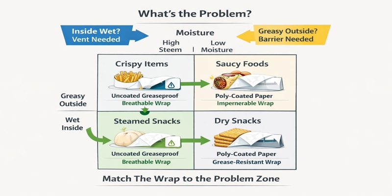 2×2 decision grid mapping moisture vs grease to recommended wraps: uncoated breathable paper for steamed/crispy items; poly-coated for saucy foods.