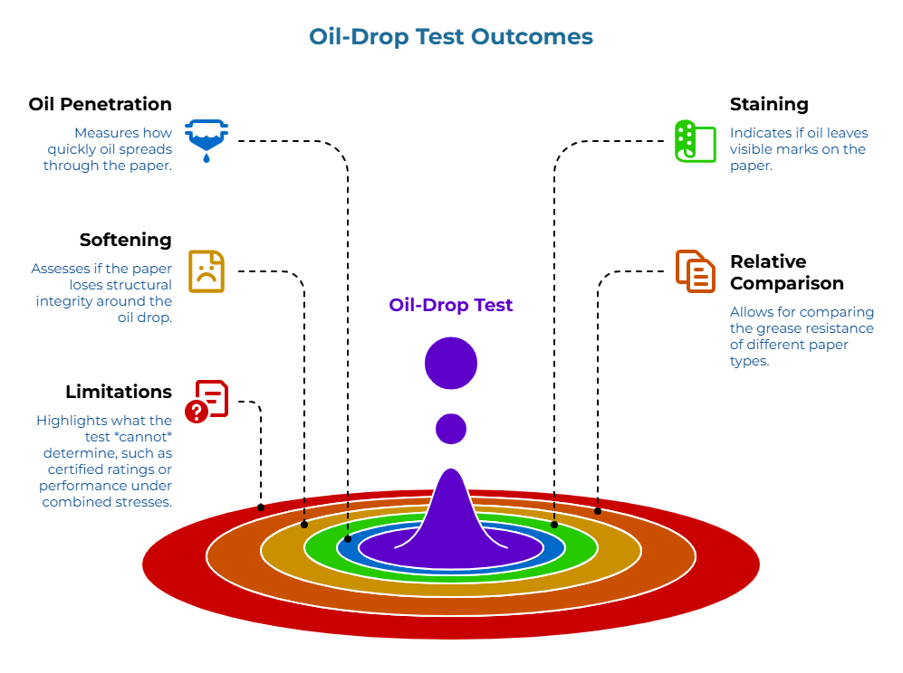 “Oil-Drop Test Outcomes.” Central oil drop splash with colored ripples represents the test. Surrounding icons explain: rate of oil spread, visible staining, structural integrity loss, ability to compare paper types, and limits of what the test can determine.