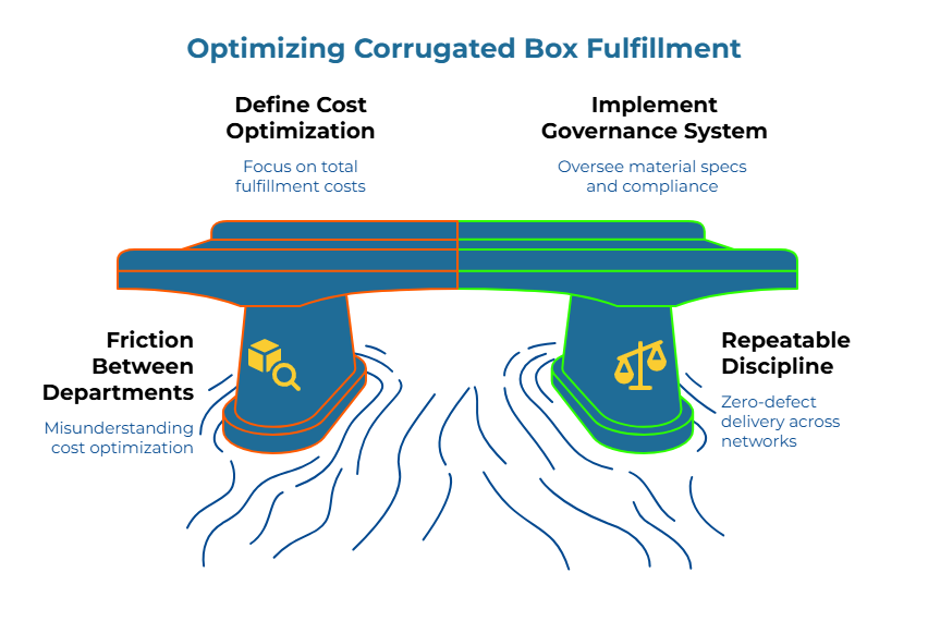 ‘Optimizing Corrugated Box Fulfillment’ showing a balance scale with two pillars: left side (orange) labeled ‘Focus on total fulfillment costs’ and ‘Misunderstanding cost optimization,’ and right side (green) labeled ‘Oversee material specs and compliance’ and ‘Zero-defect delivery across networks.