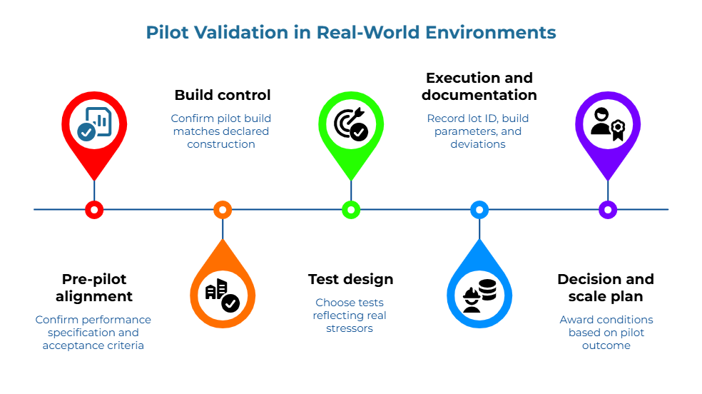 “Pilot Validation in Real-World Environments.” A horizontal timeline with five pin markers shows steps: confirm performance specification and acceptance criteria; verify the pilot build matches declared construction; choose tests reflecting real stressors; record lot ID, build parameters, and deviations; award conditions based on pilot results.