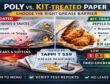 Cross-section infographic comparing poly film vs. kit-treated paper with Kit level guidance and TAPPI T 559 test.