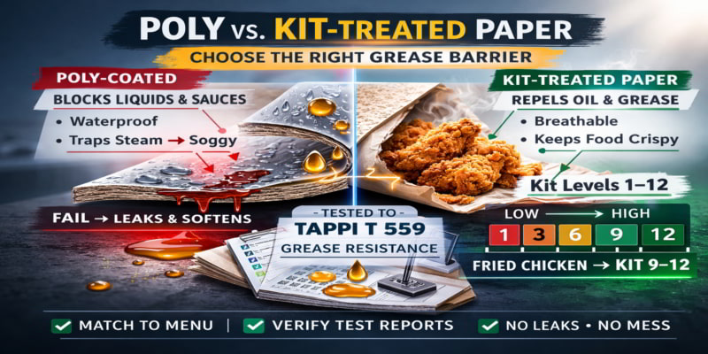 Cross-section infographic comparing poly film vs. kit-treated paper with Kit level guidance and TAPPI T 559 test.