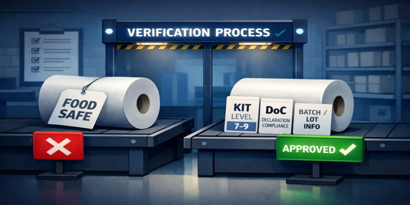 QC checkpoint illustration: a "FOOD SAFE" roll rejected, an approved roll with Kit level, DoC, and batch documents.
