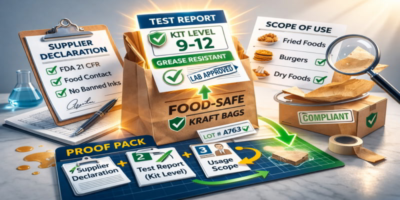 Stylized kraft bag labeled FOOD-SAFE with supplier declaration, lab test showing Kit level, scope sheet, and checklist.