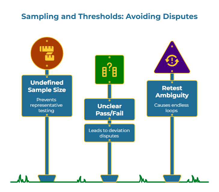 “Sampling and Thresholds: Avoiding Disputes.” Three road-sign posts warn of spec pitfalls: Undefined Sample Size—testing isn’t representative; Unclear Pass/Fail—sparks deviation disputes; Retest Ambiguity—creates endless retest loops. Takeaway: define sampling, thresholds, and retest rules.