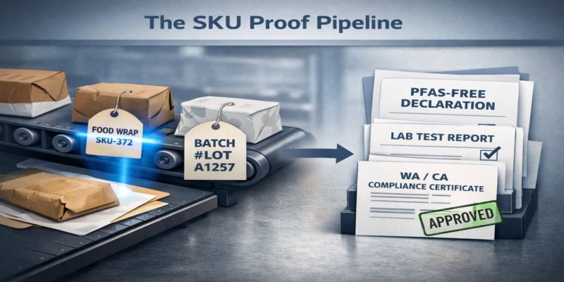 SKU verification pipeline: barcode-linked documents, chain-of-custody, and a manager approving supplier proof.