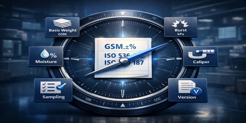 Stylized compass pointing to a spec sheet "GSM ±%, ISO 536, ISO 187" with surrounding tiles for key paper specs.