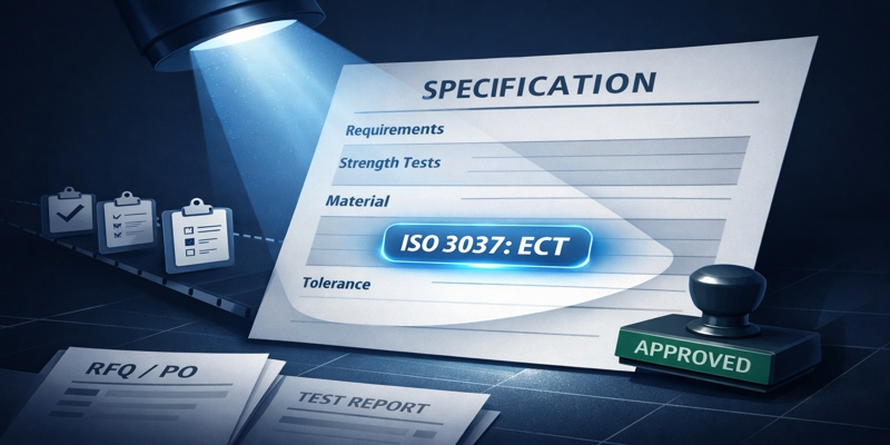 Spec sheet under a spotlight highlighting ISO 3037: ECT, with checklist clipboards and an “Approved” stamp.