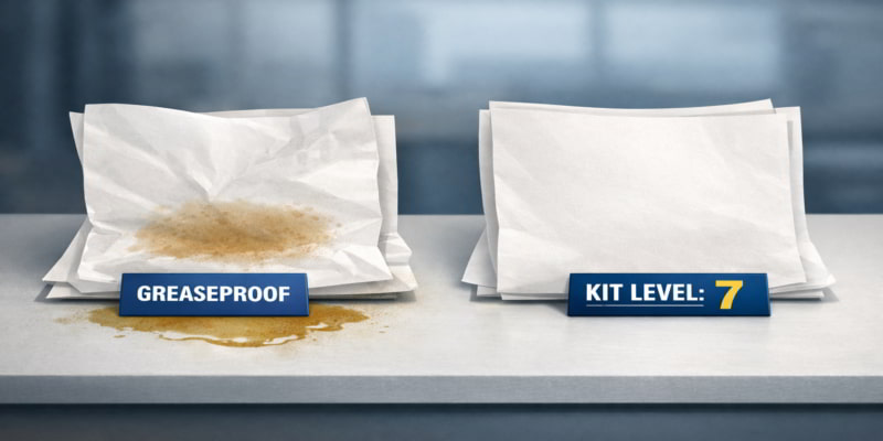 Two paper wraps on a test bench — left stained labeled "GREASEPROOF", right clean labeled "KIT LEVEL: 7", showing spec vs. marketing.