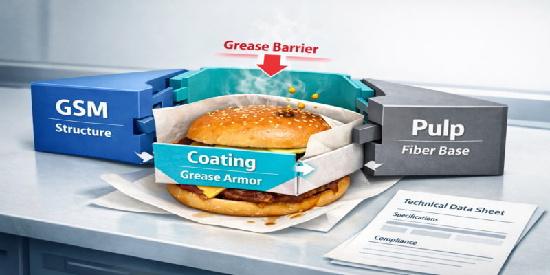 Stylized illustration showing GSM, Coating, and Pulp modules assembling into a grease-resistant wrap around a hot burger