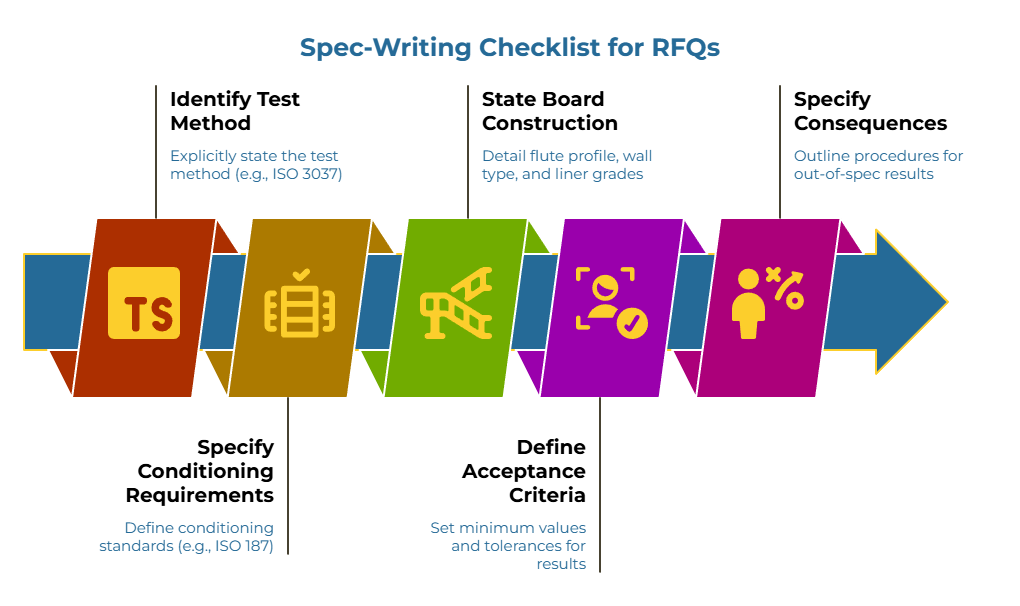 “Spec-Writing Checklist for RFQs.” A right-moving chevron flow with icons lists steps: define conditioning standards (ISO 187); state the test method (ISO 3037); detail flute profile, wall type, and liner grades; set minimum values and tolerances; outline procedures for out-of-spec results.