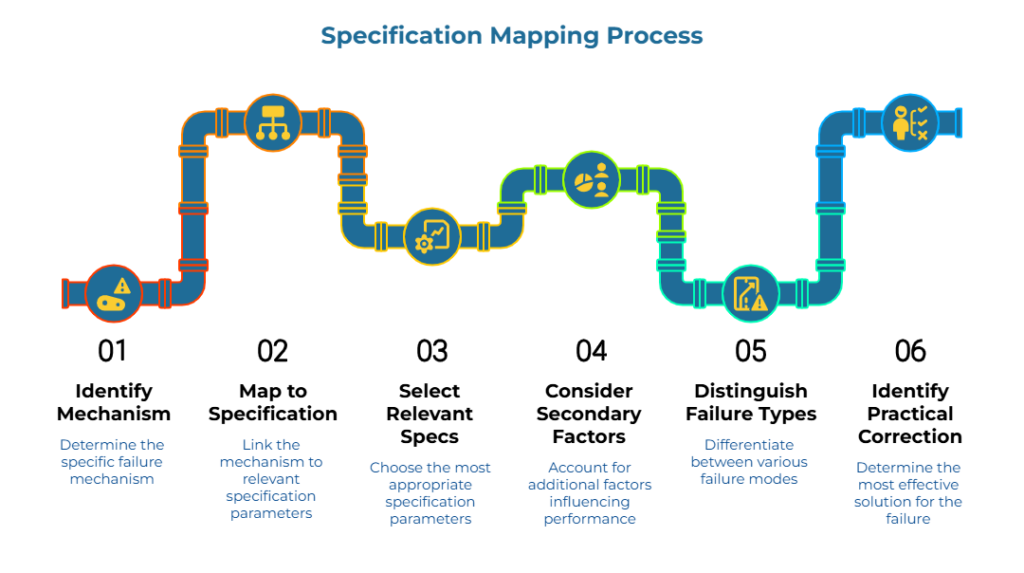 “Specification Mapping Process.” A colored pipeline with icons traces six steps: determine the specific failure mechanism; link it to relevant specification parameters; choose the most appropriate parameters; account for additional influencing factors; differentiate failure modes; select the best fix.