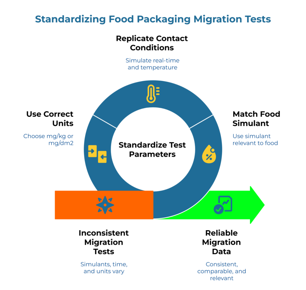 “Standardizing Food Packaging Migration Tests.” A circular diagram shows “Standardize Test Parameters” with three steps: replicate contact conditions (real-time and temperature), match the food simulant, and use correct units (mg/kg or mg/dm2). A bottom arrow shows inconsistent tests → reliable, comparable migration data.