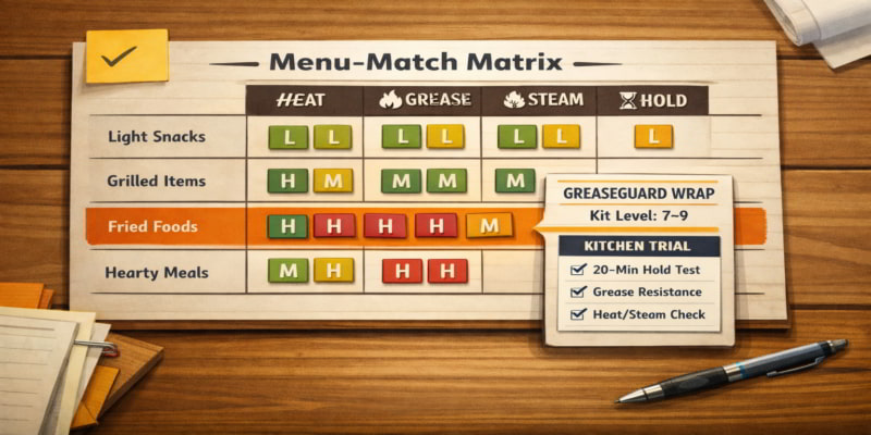 Infographic stress grid showing menu item classes vs. heat, grease, steam, hold-time and recommended wrapper family.