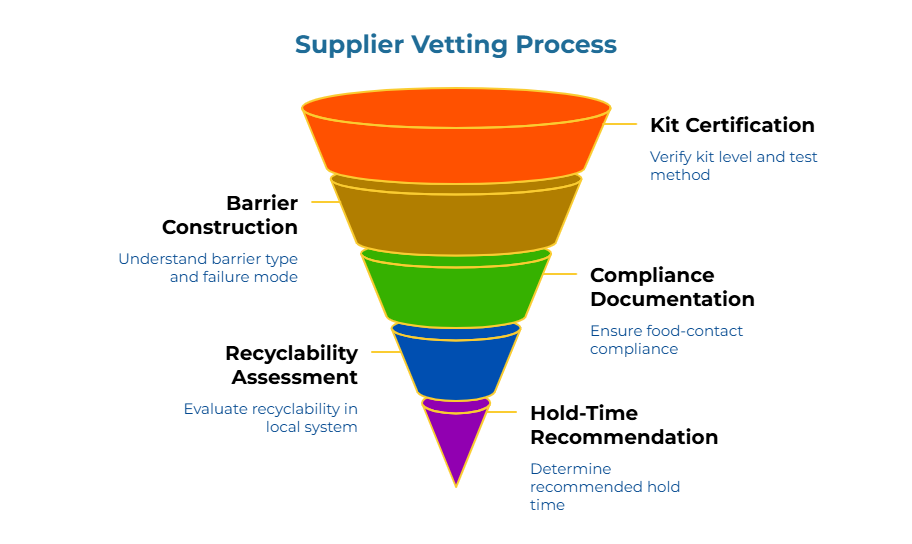 “Supplier Vetting Process.” A five-layer funnel shows steps: verify kit level and test method; understand barrier type and failure mode; ensure food-contact compliance; evaluate recyclability in the local system; and determine recommended hold time for food packaging paper.