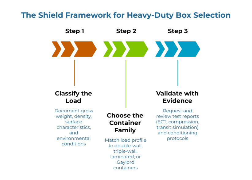 “The Shield Framework for Heavy-Duty Box Selection.” Three chevron stages: 1) Document gross weight, density, surface characteristics, and environmental conditions. 2) Match load profile to double-wall, triple-wall, laminated, or Gaylord containers. 3) Review ECT/compression/transit tests and conditioning protocols.