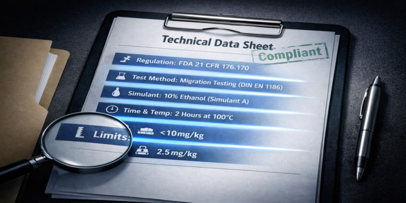 Clipboard technical data sheet with six highlighted compliance fields and a magnifier over limits and results.