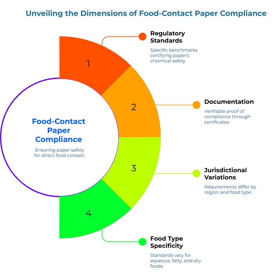 “Unveiling the Dimensions of Food-Contact Paper Compliance.” A four-segment donut shows: 1) specific chemical-safety benchmarks; 2) verifiable certificates; 3) requirements vary by region and food type; 4) standards differ for aqueous, fatty, and dry foods. Center states safe direct food contact.
