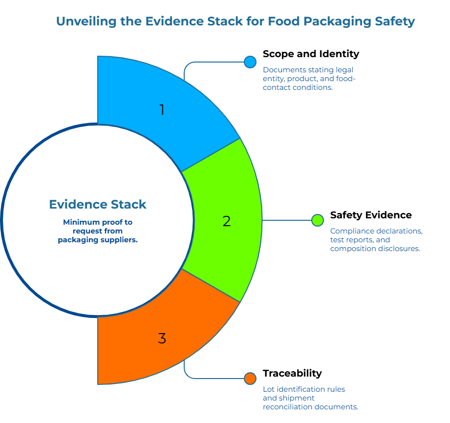 ‘Unveiling the Evidence Stack for Food Packaging Safety.’ A three-level semicircle stack labeled 1–3 shows the minimum proof to request from packaging suppliers: (1) documents naming legal entity, product, and food-contact conditions; (2) compliance declarations, test reports, and composition disclosures; (3) lot ID rules and shipment reconciliation documents.