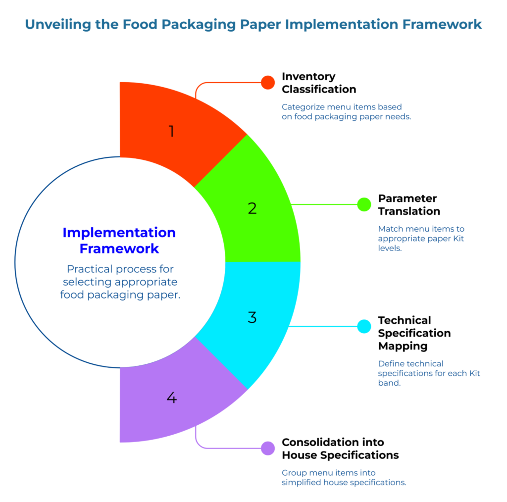 “Food Packaging Paper Implementation Framework.” Four-segment radial chart. Steps: 1 Inventory Classification—categorize menu items; 2 Parameter Translation—match Kit levels; 3 Technical Mapping—define specs per band; 4 Consolidation—group into house specs.