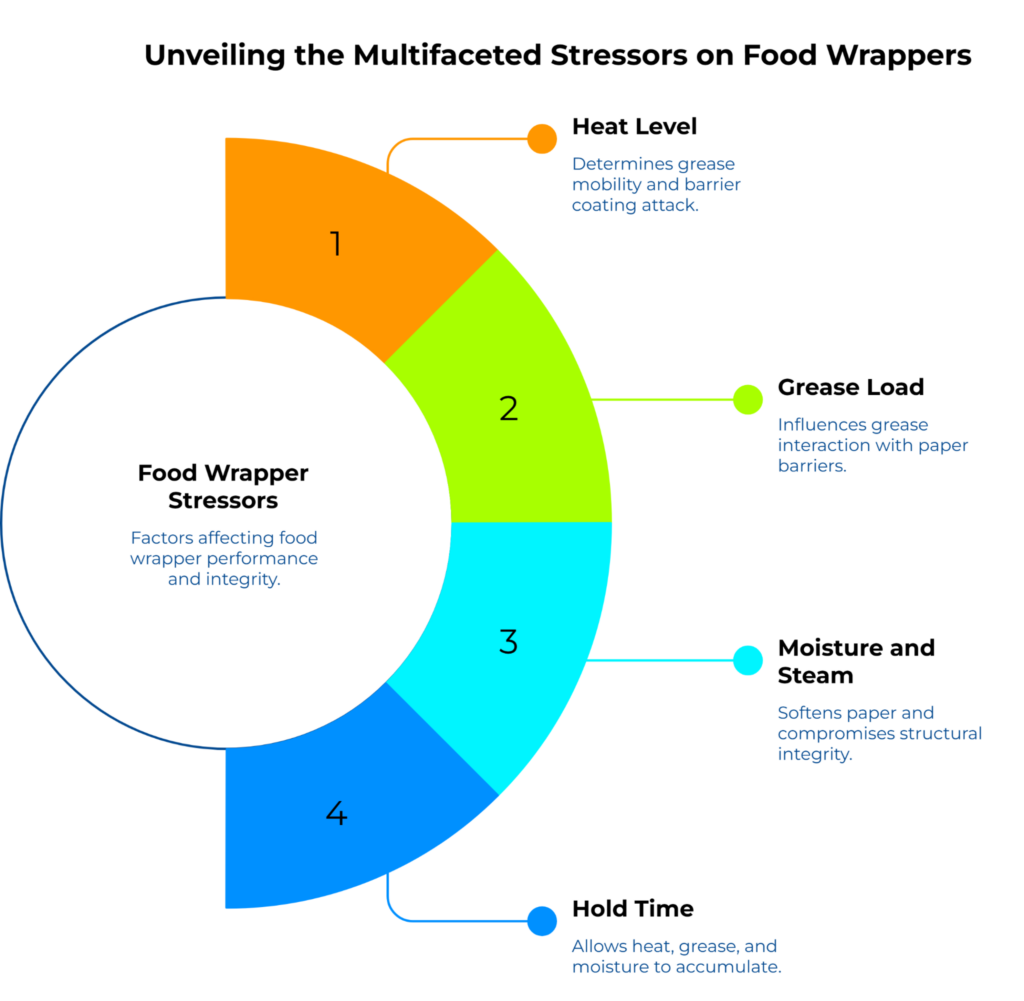 “Unveiling the Multifaceted Stressors on Food Wrappers” showing a four-part semicircle around a central label “Food Wrapper Stressors.” Callouts list key factors: heat level, grease load, moisture and steam, and hold time, each with brief impact notes.