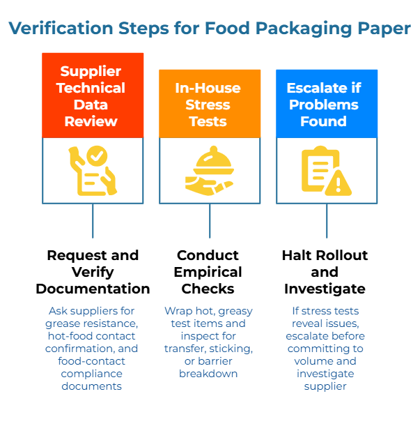 “Verification Steps for Food Packaging Paper.” Three panels show: Supplier Technical Data Review—request grease-resistance, hot-food-contact and compliance documents; In-House Stress Tests—wrap hot, greasy items and inspect; Escalate if Problems Found—pause volume and investigate.
