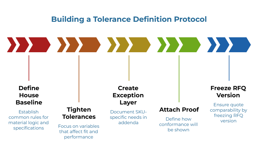 “Building a Tolerance Definition Protocol” showing a five-step chevron workflow: establish common rules for material logic and specifications, focus on variables that affect fit and performance, document SKU-specific needs in addenda, define how conformance will be shown, and freeze the RFQ version to ensure quote comparability.