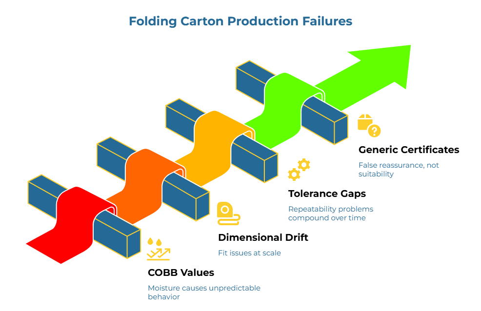 “Folding Carton Production Failures” showing a rising multicolor pathway of packaging problems: moisture causes unpredictable behavior, fit issues at scale, repeatability problems compound over time, and false reassurance about suitability. The upward arrow suggests escalating production risk across successive failure points.