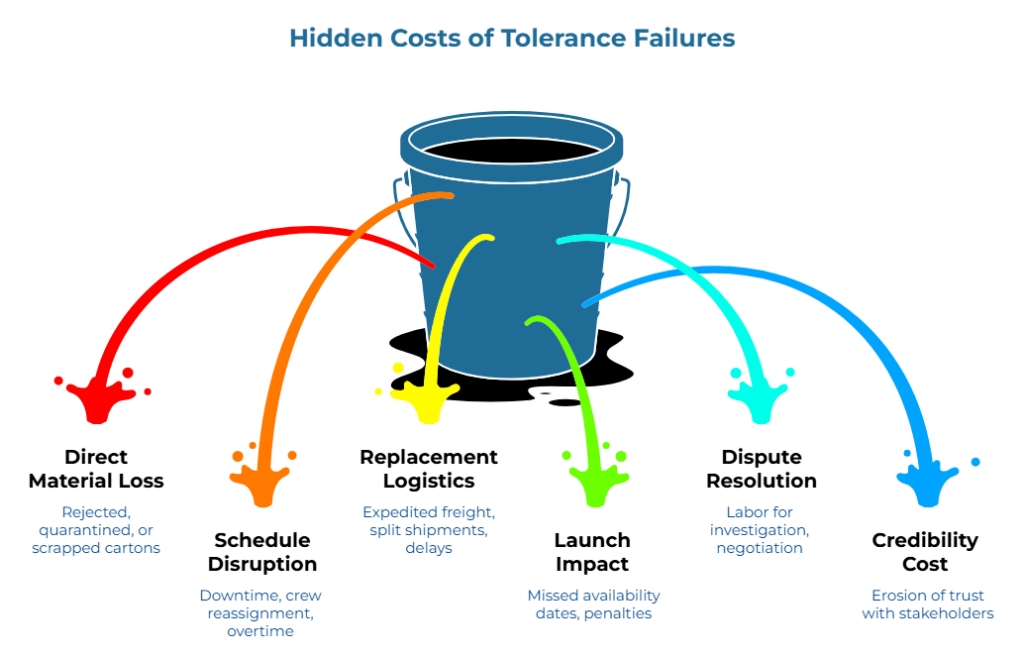 “Hidden Costs of Tolerance Failures” showing a bucket catching multicolored splashes labeled with downstream costs: rejected, quarantined, or scrapped cartons; downtime, crew reassignment, and overtime; expedited freight and split shipments; missed availability dates and penalties; labor for investigation and negotiation; and erosion of stakeholder trust.