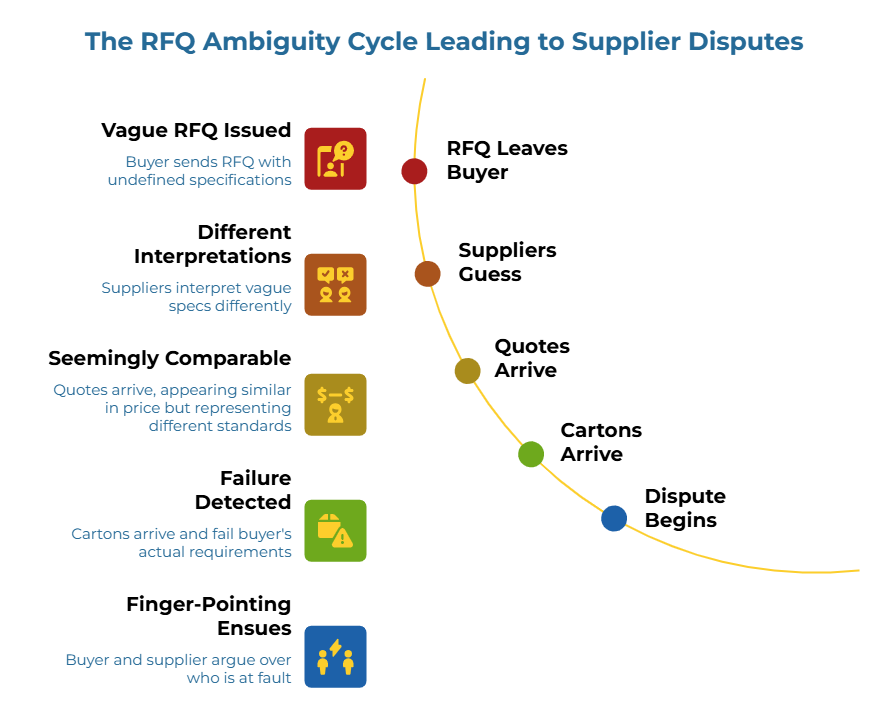 “The RFQ Ambiguity Cycle Leading to Supplier Disputes” showing a curved five-step sequence: buyer sends an RFQ with undefined specifications, suppliers interpret vague specs differently, quotes appear similar but reflect different standards, delivered cartons fail actual requirements, and buyer and supplier dispute responsibility.