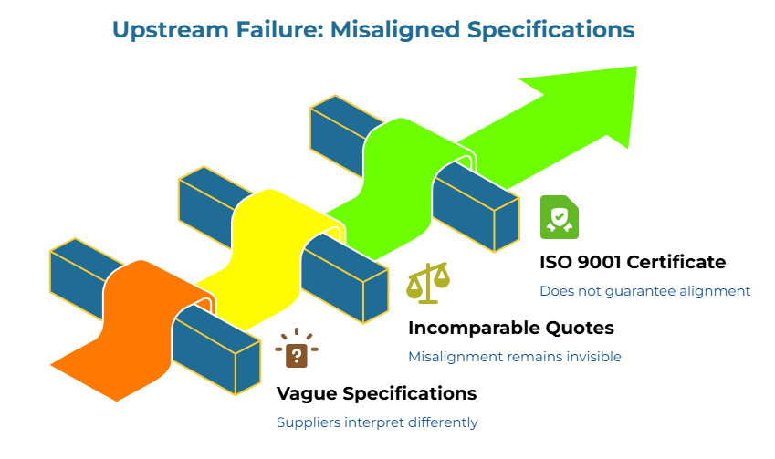 “Upstream Failure: Misaligned Specifications” showing a rising multicolor pathway with three failure points: suppliers interpret requirements differently, misalignment remains invisible during quoting, and approval does not guarantee alignment. The upward arrow suggests unresolved specification errors driving later production risk.