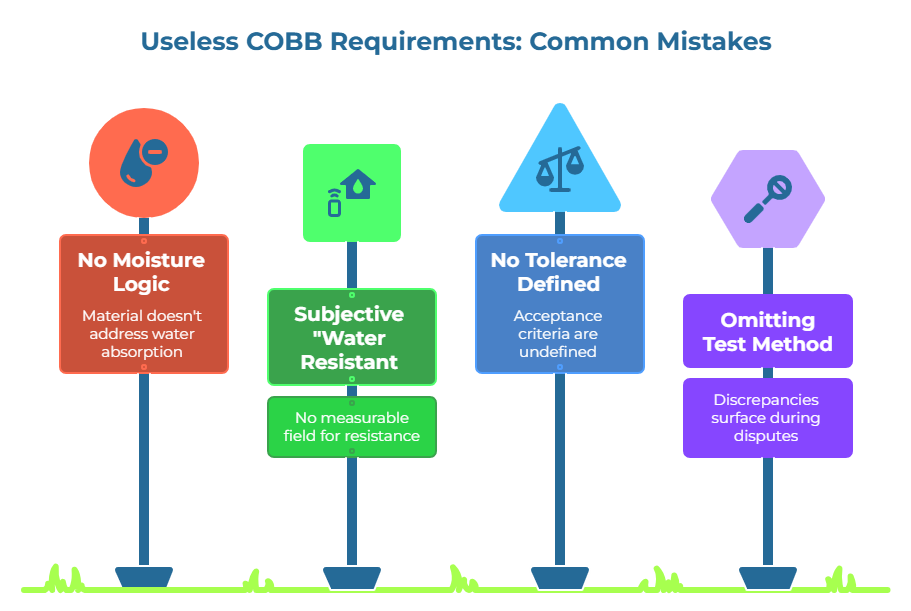 “Useless COBB Requirements: Common Mistakes” showing four labeled mistakes on signposts: no moisture logic, subjective “water resistant,” no tolerance defined, and omitting test method. Notes explain poor material logic, lack of measurable criteria, undefined acceptance standards, and dispute risk.
