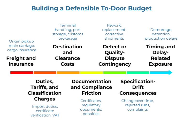 “Building a Defensible To-Door Budget” with a horizontal multicolor arrow showing end-to-end landed cost factors, including origin pickup, marine insurance, terminal handling, port storage, customs brokerage, import duties, VAT, certificates, penalties, rework, corrective shipments, demurrage, detention, and production delays.