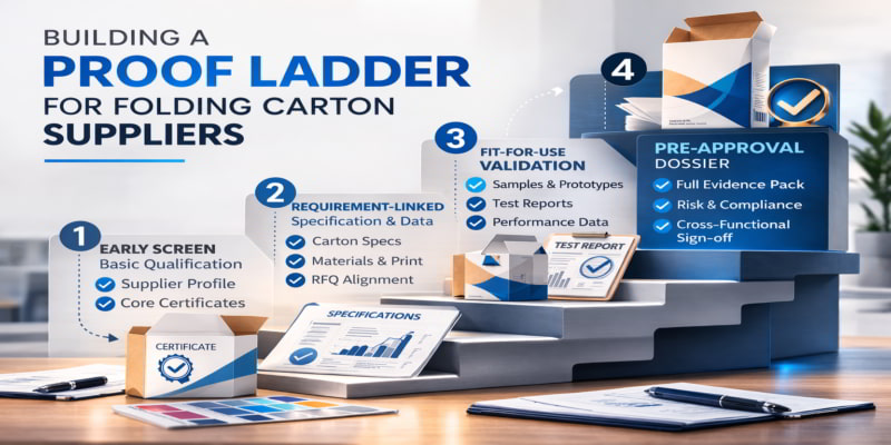 Illustrated four-stage proof ladder showing folding carton supplier evidence growing from screening to pre-approval. It stays specific, descriptive, and aligned with PaperIndex’s educational, professional tone.
