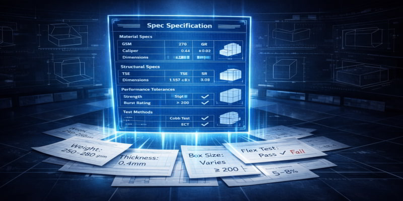 Buyer-owned folding carton blueprint aligning mismatched supplier data sheets into one standardized specification system.