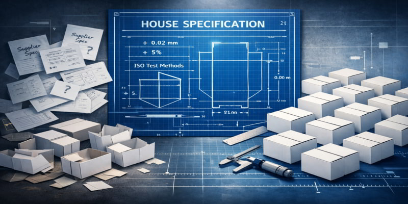 Blueprint-style illustration of a buyer-owned carton specification aligning inconsistent supplier sheets into uniform boxes.