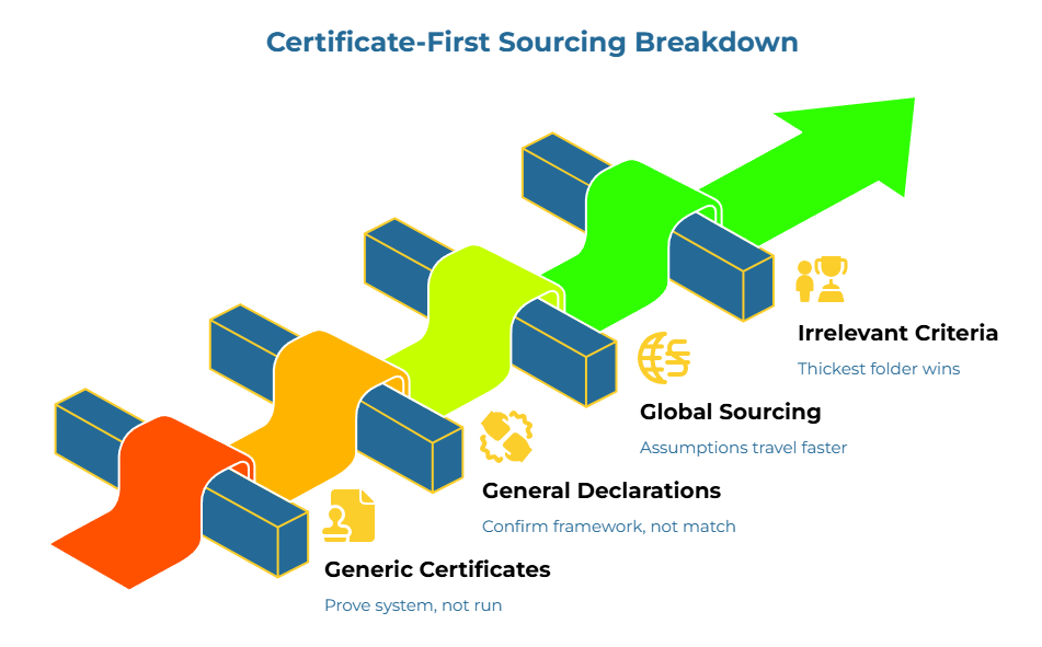 “Certificate-First Sourcing Breakdown” showing a rising pathway of sourcing failure. It highlights four weak signals: prove the supplier’s system, not one successful run; confirm framework fit, not surface match; assumptions spread faster than facts; and the thickest supplier folder often wins despite weak evidence.