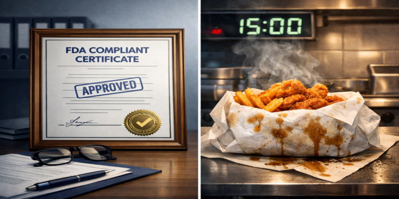 Split illustration: FDA compliance certificate (left) vs. greasy sandwich 15-minute kitchen grease test (right).