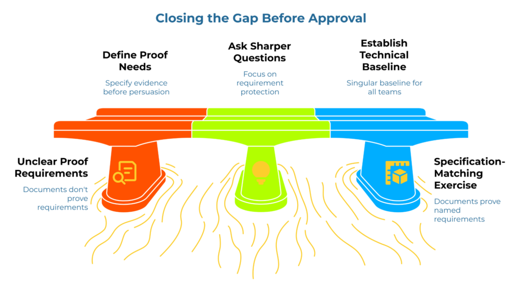 “Closing the Gap Before Approval” using a bridge diagram to show the shift from unclear proof requirements to a specification-matching exercise. It highlights three actions: define proof needs, ask sharper questions, and establish a shared technical baseline.