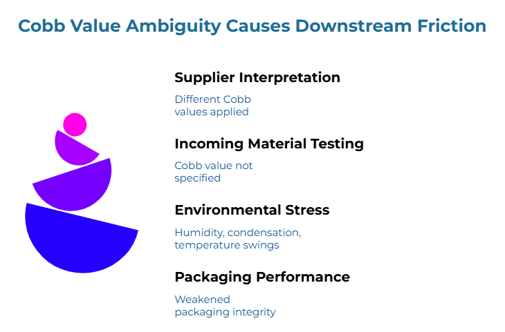 “Cobb Value Ambiguity Causes Downstream Friction” showing a stack of unstable rounded shapes on the left and four linked problems on the right: different Cobb values applied, Cobb value not specified, humidity and condensation exposure, and weakened packaging integrity.