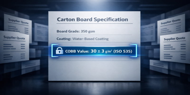 Stylized specification sheet highlighting a locked COBB value, tolerance, and test method to align folding carton supplier quotes.