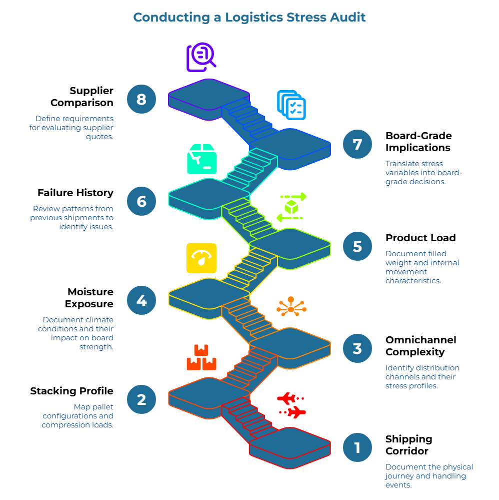 “Conducting a Logistics Stress Audit” showing an eight-step staircase process. Steps cover documenting handling events, pallet loads, distribution stress, climate effects, filled-pack movement, shipment pattern review, board-grade decisions, and supplier quote requirements.