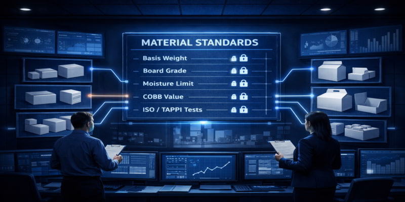Stylized control-room illustration showing a central material standards board linking shared carton specifications across multiple folding carton variants.